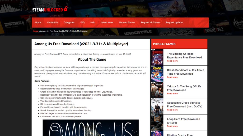 Steamunlocked Among Us, infos sur un site à éviter
