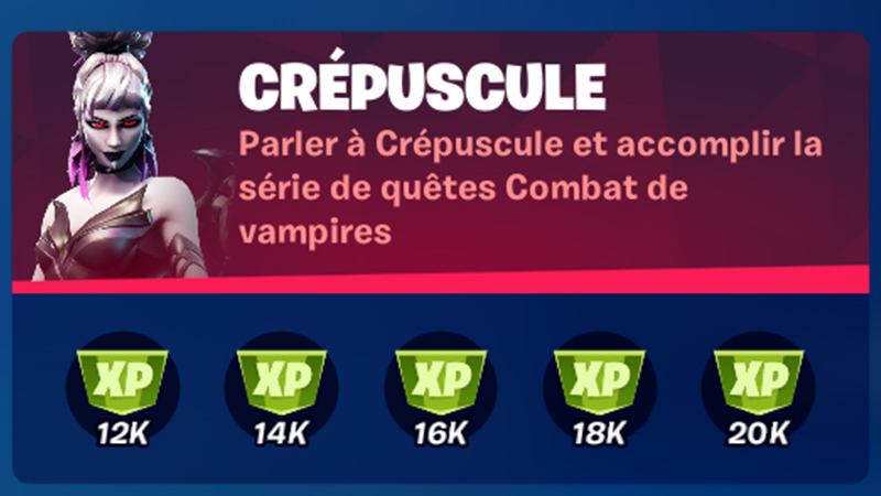 Parler à Crépuscule et accomplir la série de quêtes Combat de vampires dans Fortnite, défi saison 8
