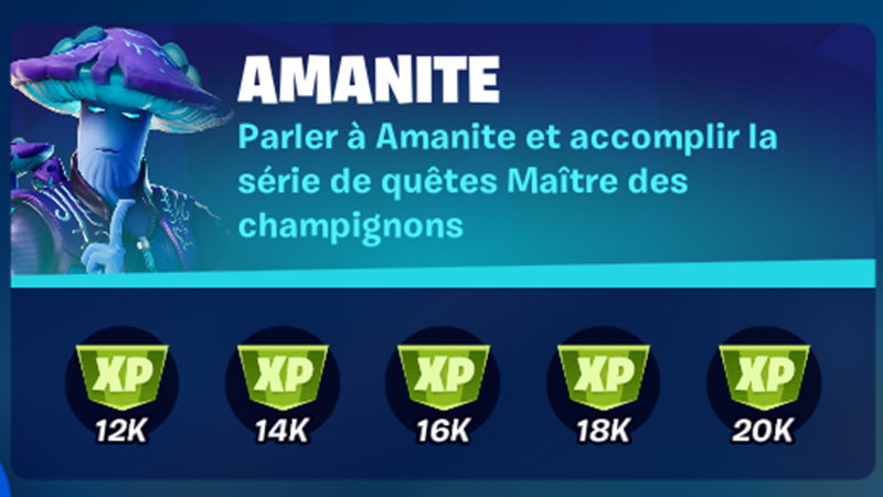 Parler à Amanite et accomplir la série de quêtes Maître des champignons dans Fortnite, défi saison 8