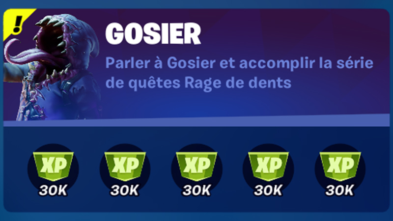 Parler à Gosier et accomplir la série de quêtes Rage de dents dans Fortnite, défi saison 8
