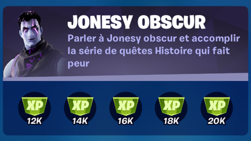Parler à Jonesy Obscur et accomplir la série de quêtes Histoire qui fait peur dans Fortnite, défi saison 8