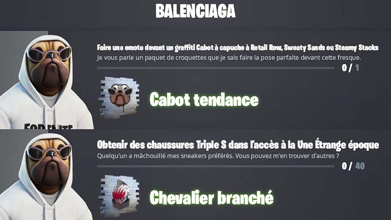 Faire une emote devant un graffiti Cabot à capuche à Retail Row, Sweaty Sands ou Steamy Stacks dans Fortnite, défi Balenciaga