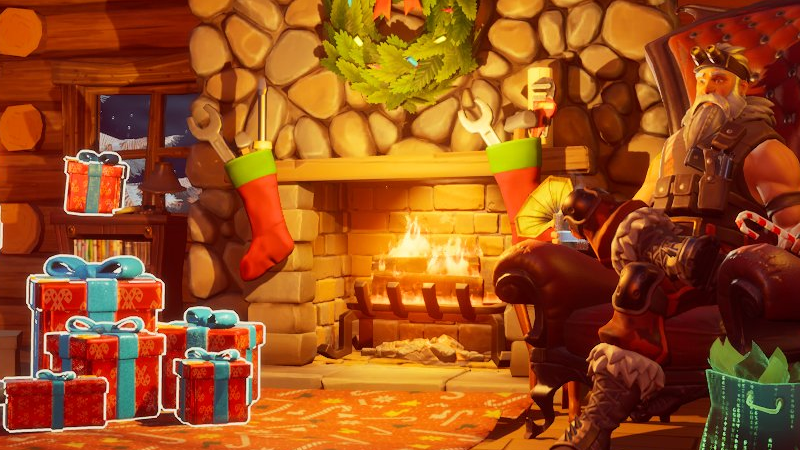 Se réchauffer près du feu dans le chalet douillet sur Fortnite, defi de Noel
