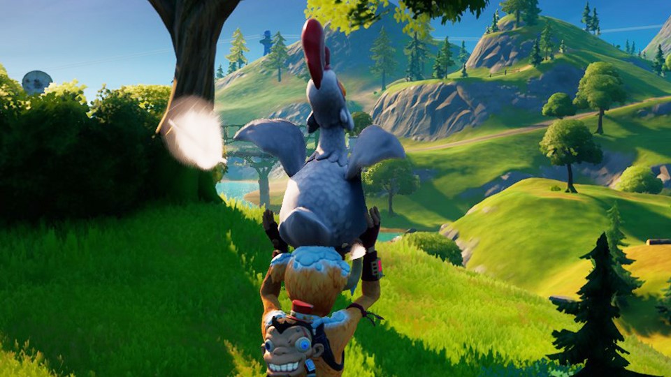 Voler grâce à une poule dans Fortnite, defi de Noel