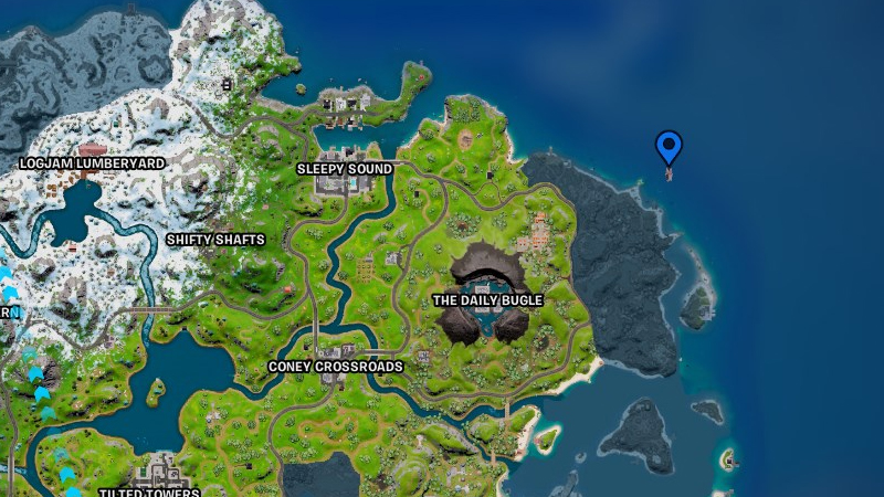 Visiter le poing immergé ou le prêteur sur barque à bord d’un canot motorisé dans Fortnite, défi semaine 12 saison 1 chapitre 3
