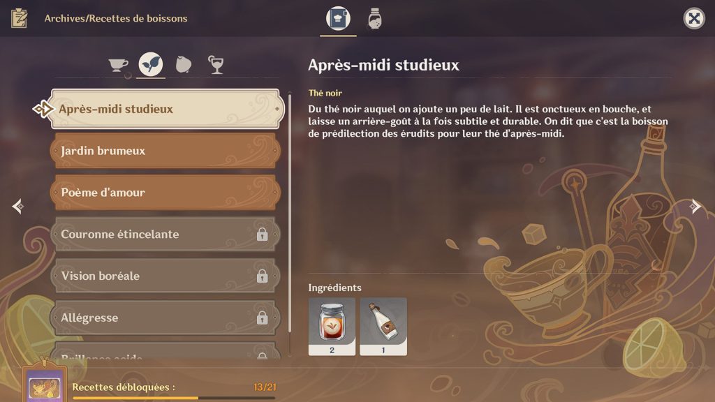 Après midi studieux Genshin Impact, recette de la boisson