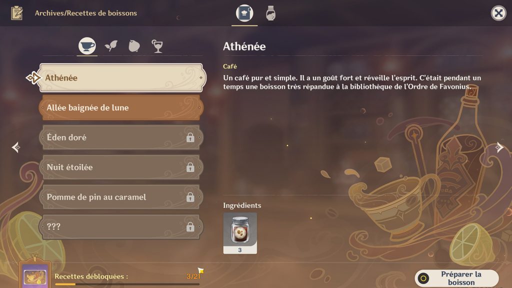 Athénée Genshin Impact, recette de la boisson