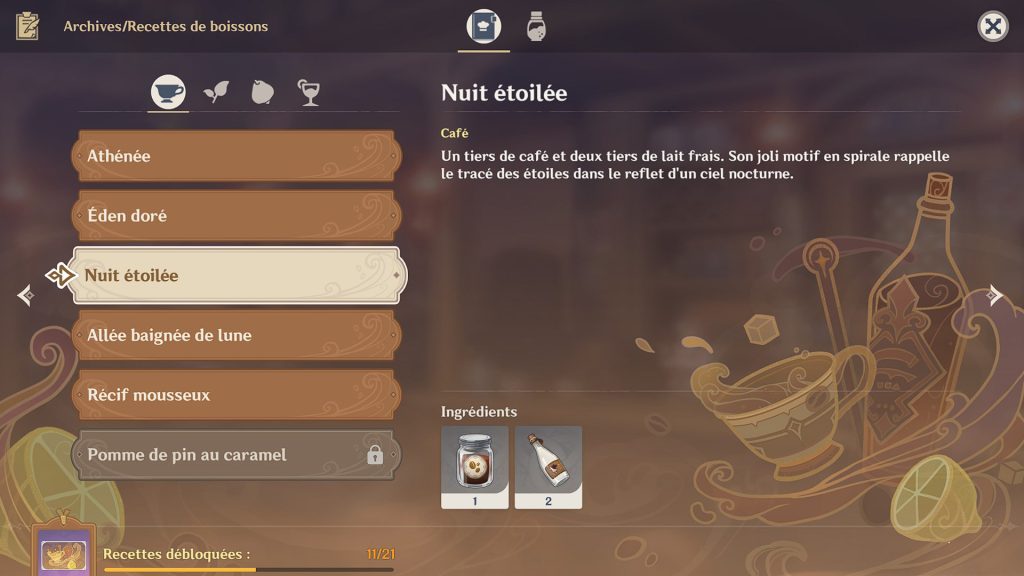 Nuit étoilée Genshin Impact, recette de la boisson