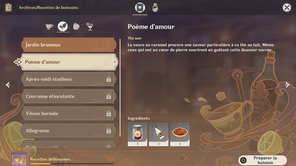 Poème d’amour Genshin Impact, recette de la boisson