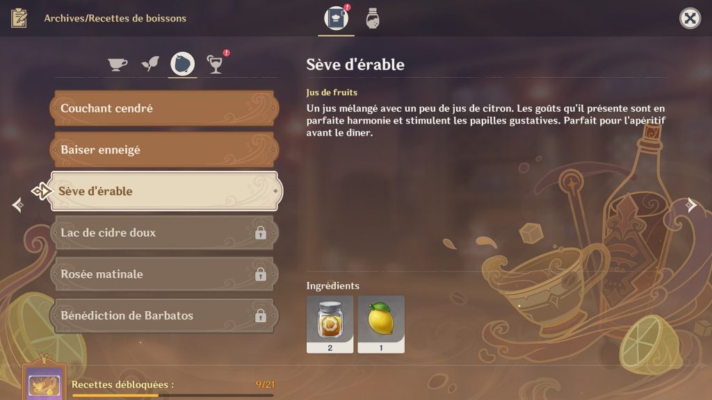 Sève d’érable Genshin Impact, recette de la boisson