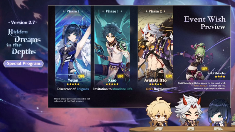 Bannières 2.7 Genshin Impact, Yelan, Kuki Shinobu, Xiao et Arataki Itto