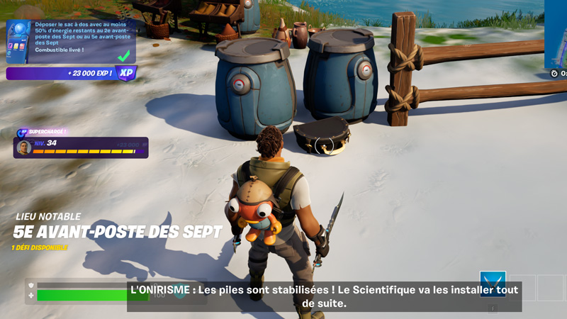 Déposer le sac à dos avec au moins 50% d’énergie restants au 2e avant-poste des Sept ou au 5e avant-poste des Sept dans Fortnite, défi saison 2 chapitre 3