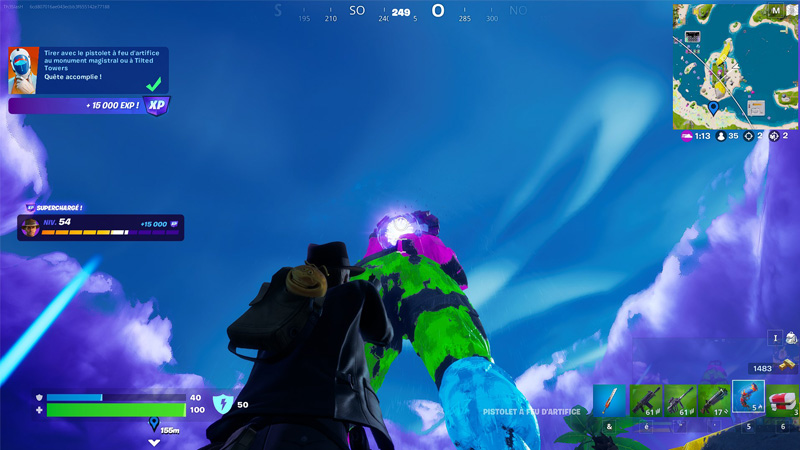 Tirer avec le pistolet à feu d’artifice au monument magistral ou à Tilted Towers dans Fortnite, défi Eté au calme