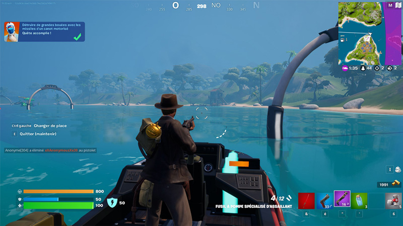 Détruire de grandes bouées avec les missiles d’un canot motorisé dans Fortnite, défi Eté au calme