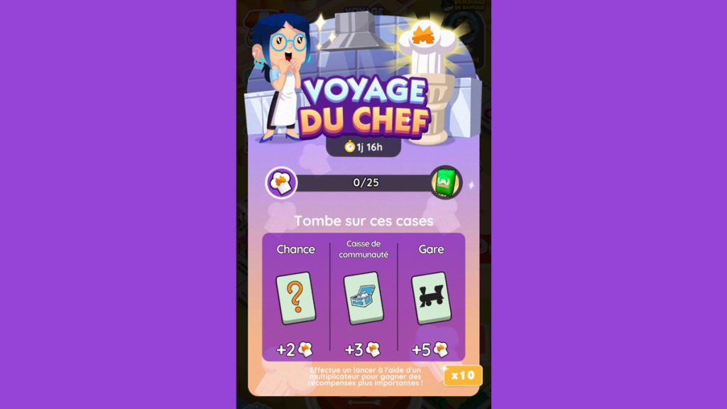 Voyage du chef Monopoly GO, paliers, récompenses et durée pour l’événement de juillet 2024