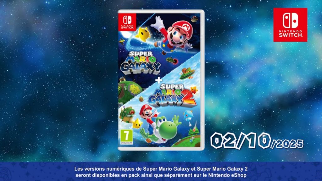 Super Mario Galaxy et Super Mario Galaxy 2 réunis dans un seul pack, sortie le 2 octobre 2025 sur Nintendo Switch
