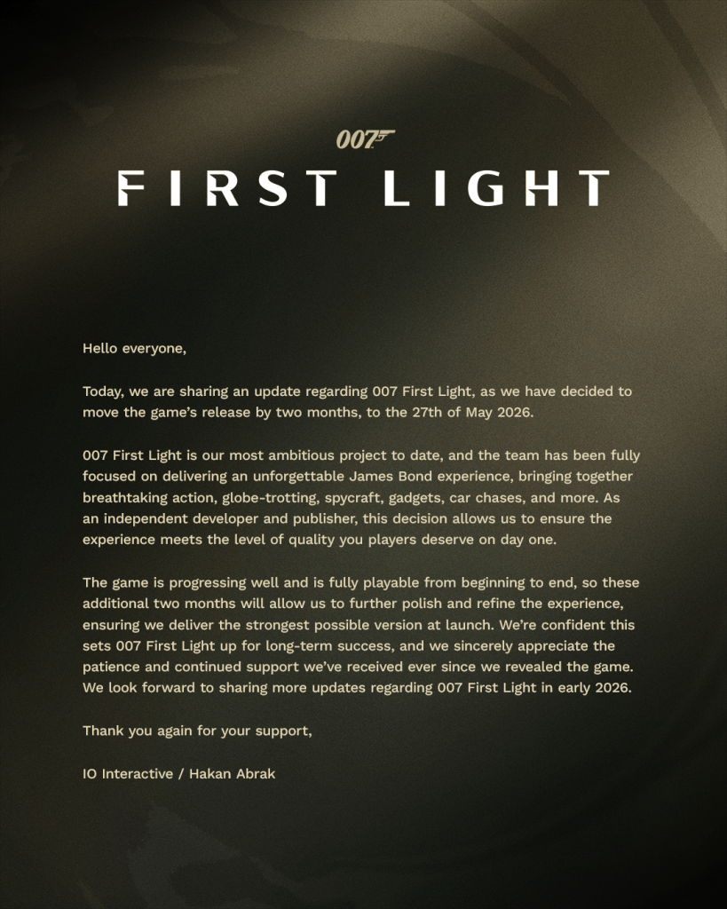 Communiqué de IO Interactive partageant le report 007 First Light.